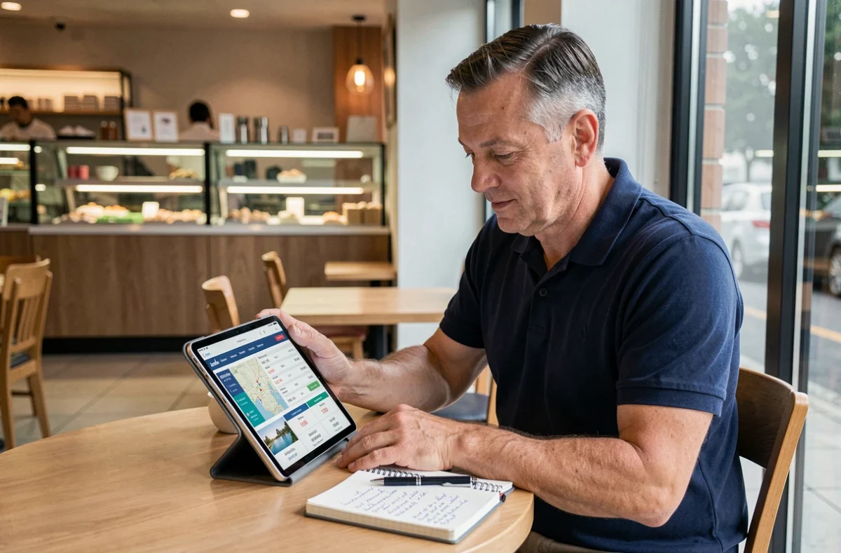 Homme comparant des offres de croisière sur une tablette dans un café avant de réserver son voyage