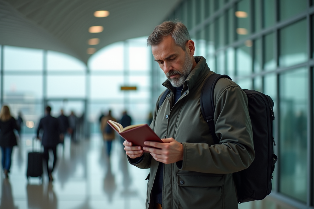 Homme vérifie ses documents de voyage à l