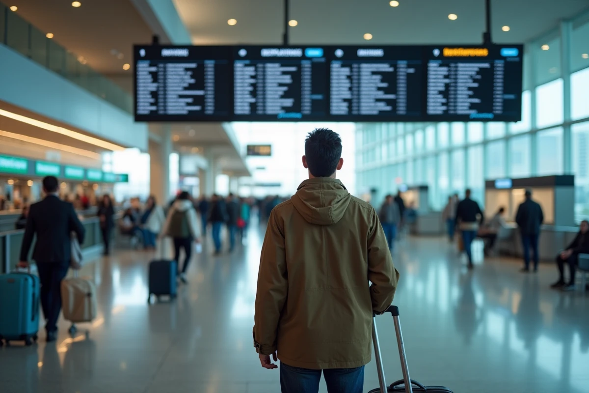Homme regardant le tableau des d&eacute;parts &agrave; l
