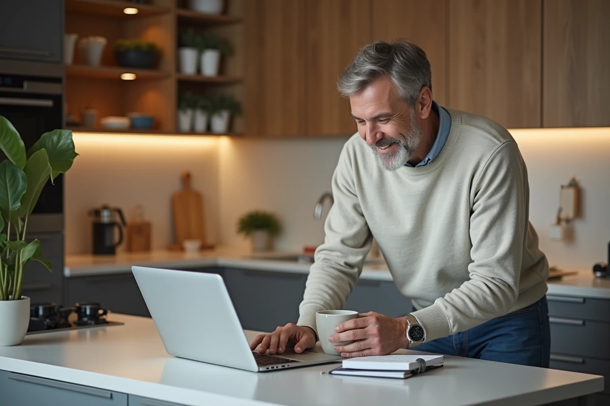 Homme en cuisine analysant ses dépenses sur un ordinateur portable