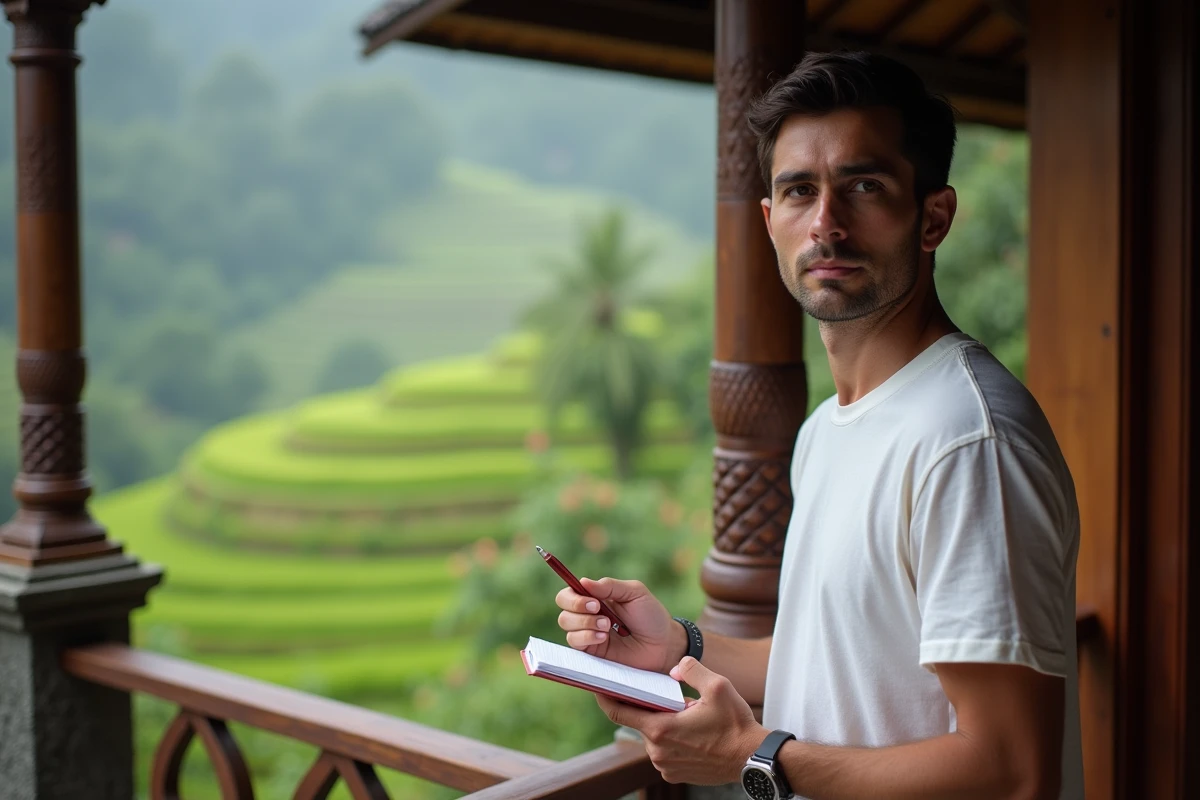 Homme calculant le décalage horaire avec Bali depuis une villa avec vue sur les rizières