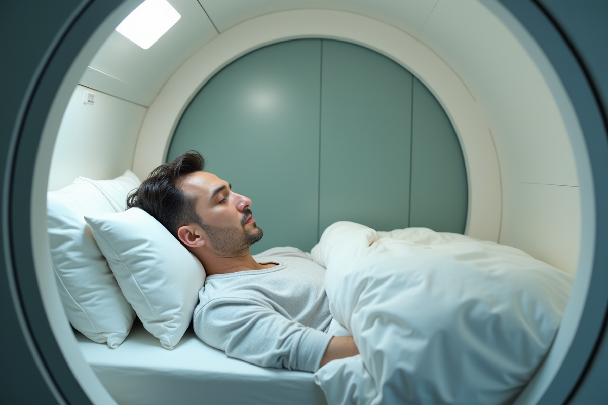 Homme d'âge moyen dormant dans une capsule d'hôtel