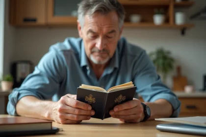Homme regardant son passeport &agrave; la cuisine