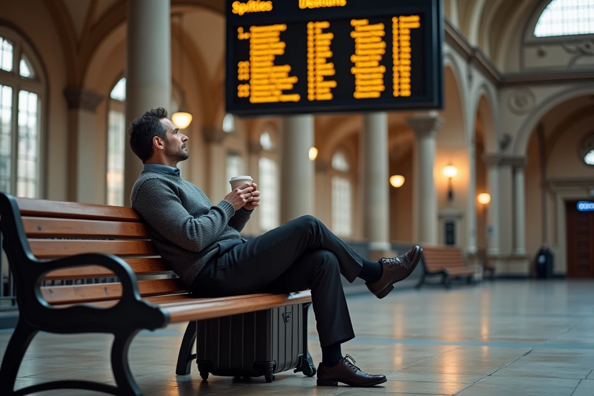 Homme assis dans le hall de la gare Lille Flandres consultant les horaires de correspondance sur le tableau des départs