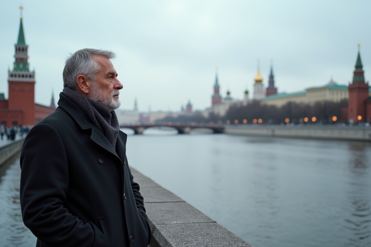 Homme russe contemplant la Moskva depuis la rive