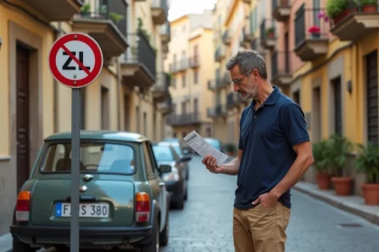 Homme d'&acirc;ge moyen v&eacute;rifiant un panneau ZTL &agrave; Palerme