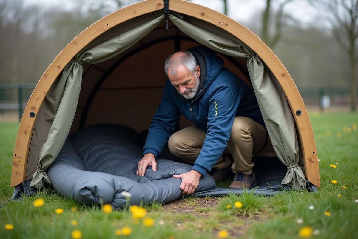 Homme déballant un sac de couchage dans un camping