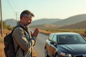 Homme d'âge moyen priant près d'une voiture en campagne