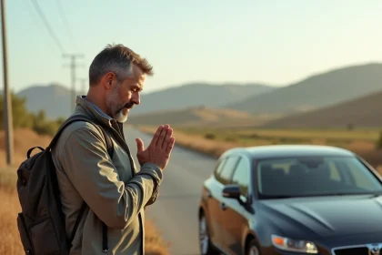 Homme d'&acirc;ge moyen priant pr&egrave;s d'une voiture en campagne
