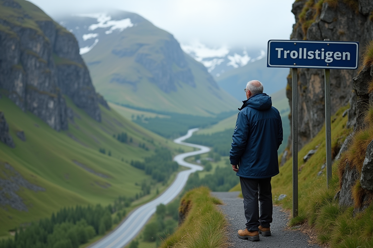 Homme en veste imperméable sur la route de Trollstigen Norvege