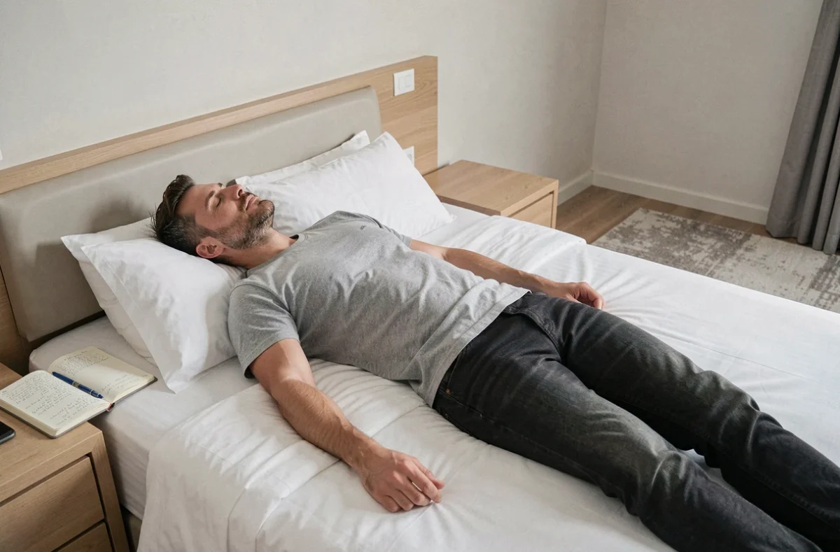 Homme se reposant habillé sur un lit d'hôtel réservé à l'heure pour une pause en journée