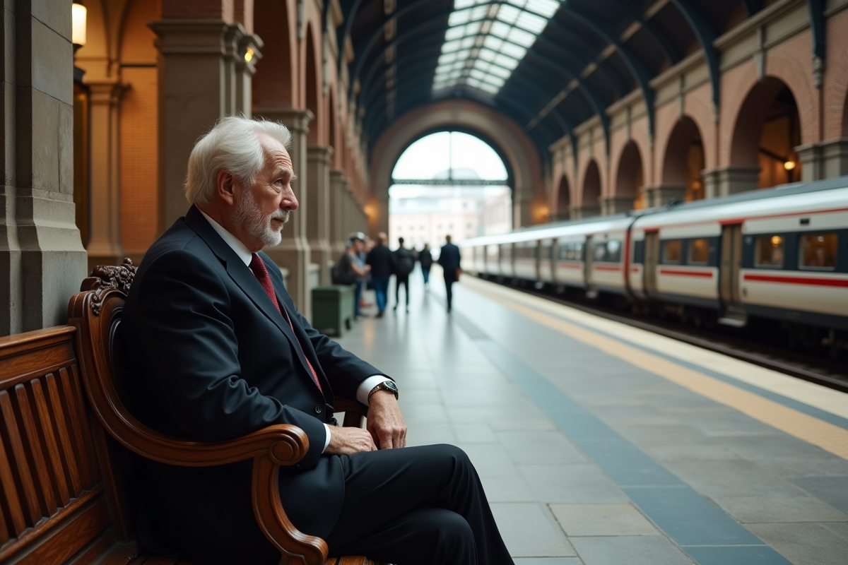 Homme âgé assis dans une gare avec architecture ancienne