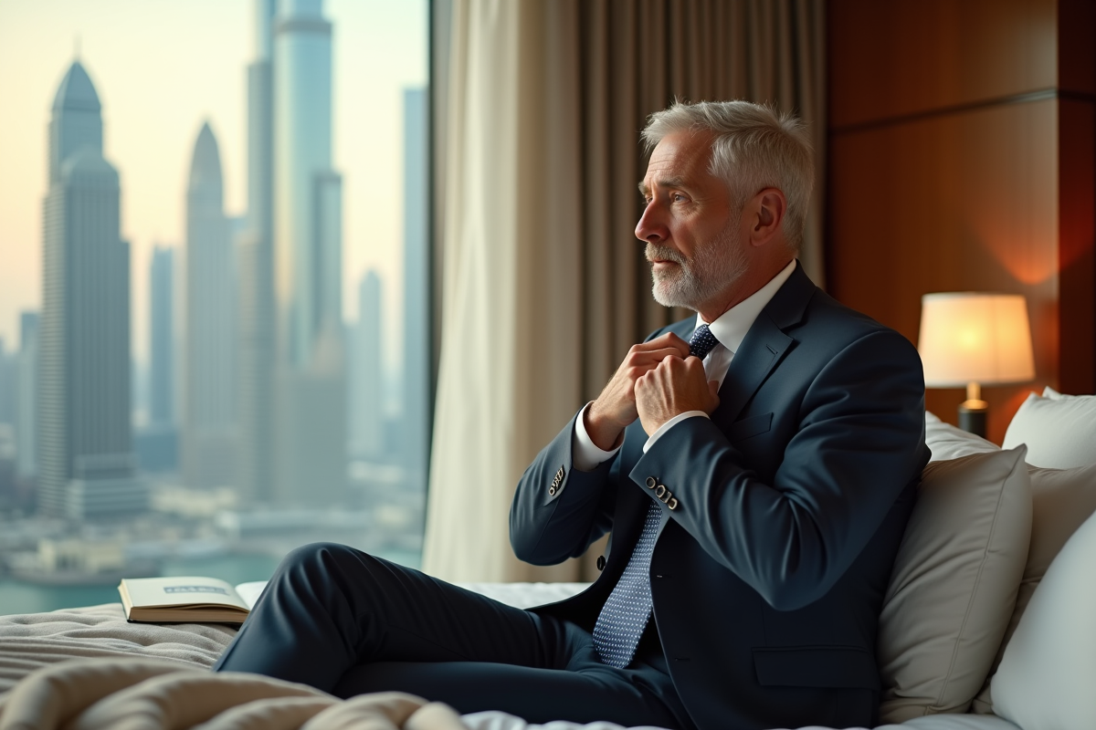 Homme d affaires ajustant sa cravate dans suite luxe