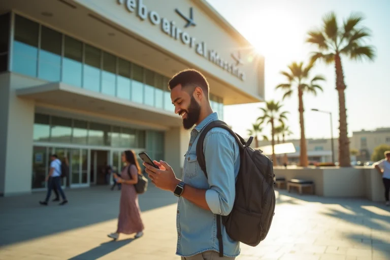 Homme souriant à l'aéroport Al Massira avec sac à dos