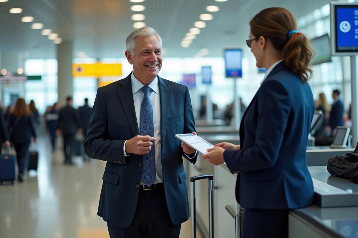 Homme en costume montrant son billet au comptoir aéroport