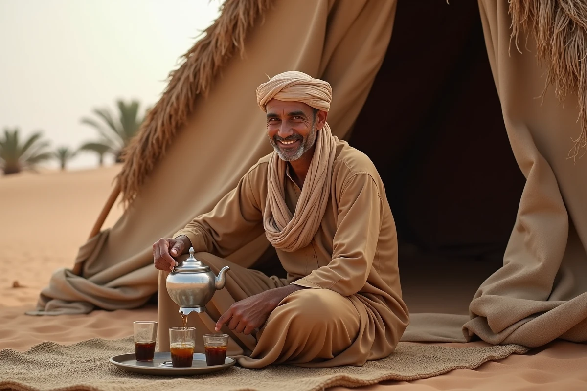 Homme tunisien souriant servant du thé à la menthe dans le désert