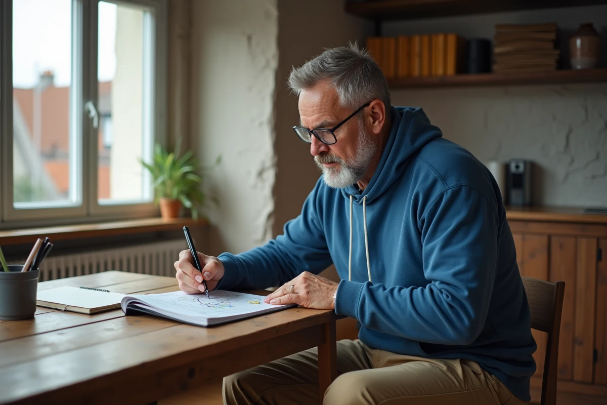 Homme trace un itineraire sur tablette dans son appartement