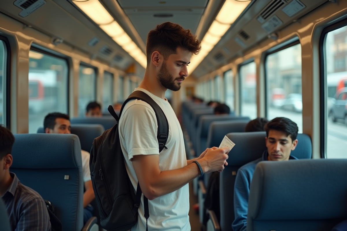 Jeune homme ajustant son billet dans un train urbain