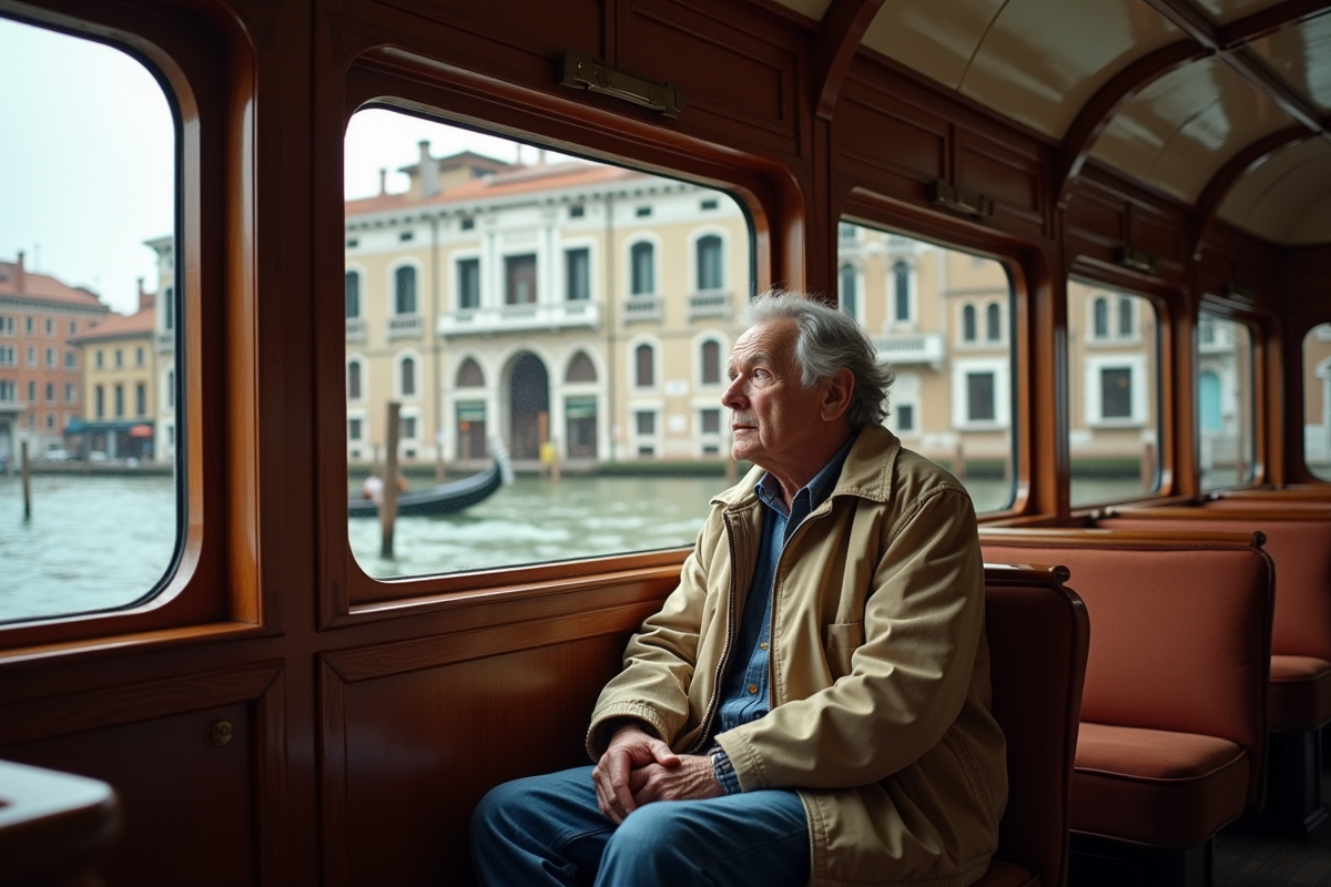 Homme âgé dans un vaporetto contemplant le canal de Venise