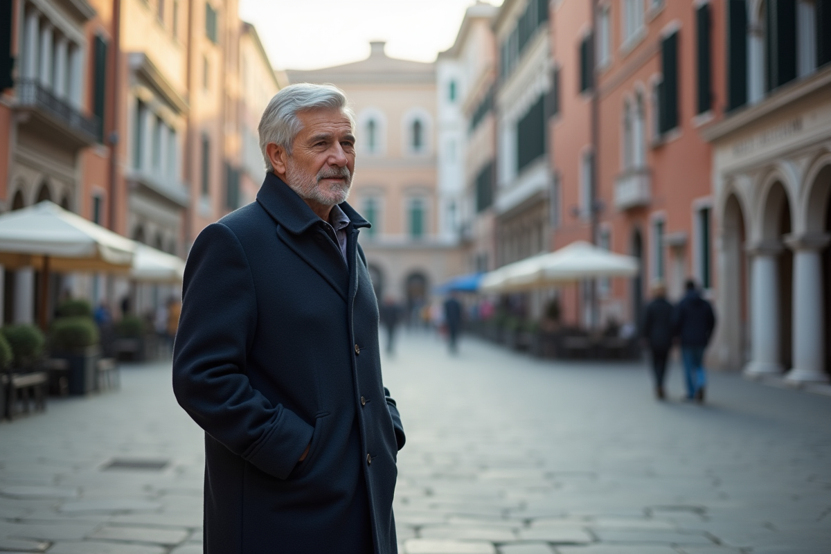 Homme âgé marchant dans une place vénitienne au matin