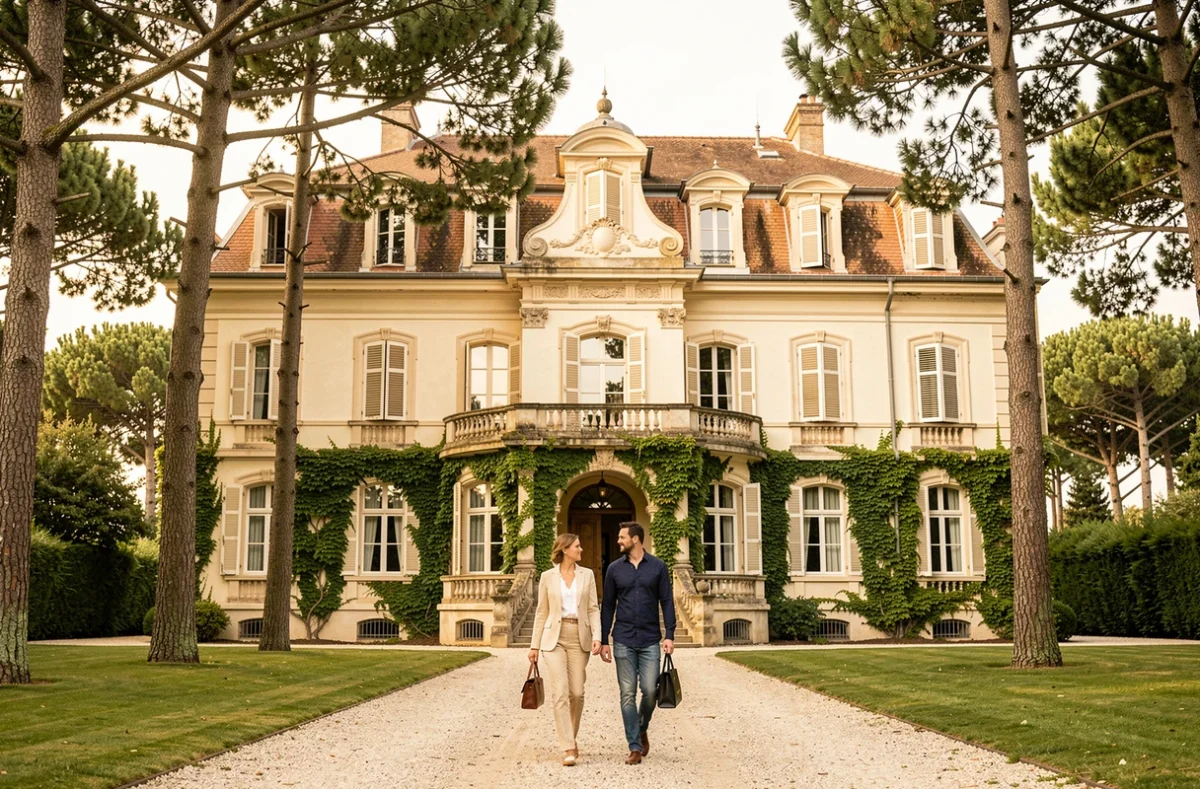 Façade Belle Époque de l'Hôtel Le Castel Marie-Louise à La Baule entourée de pins maritimes