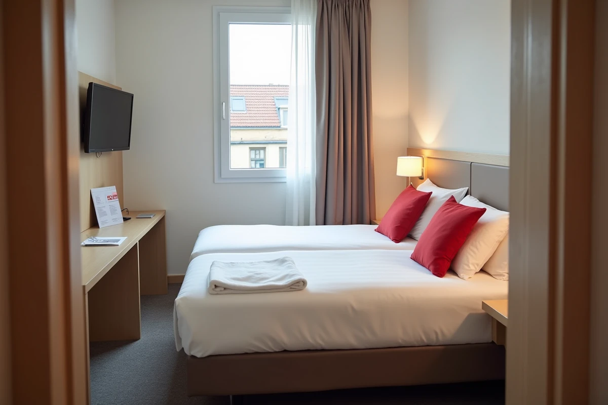 Chambre standard de l'hôtel ibis à Fécamp avec lit double, bureau et dossier d'informations pratiques ouvert