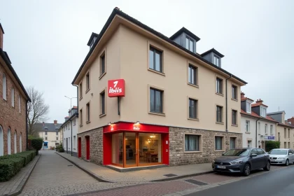 Façade extérieure de l'hôtel ibis à Fécamp avec signalétique rouge sur fond beige, entrée principale visible depuis la rue