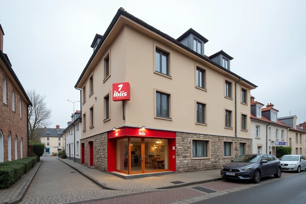 Façade extérieure de l'hôtel ibis à Fécamp avec signalétique rouge sur fond beige, entrée principale visible depuis la rue
