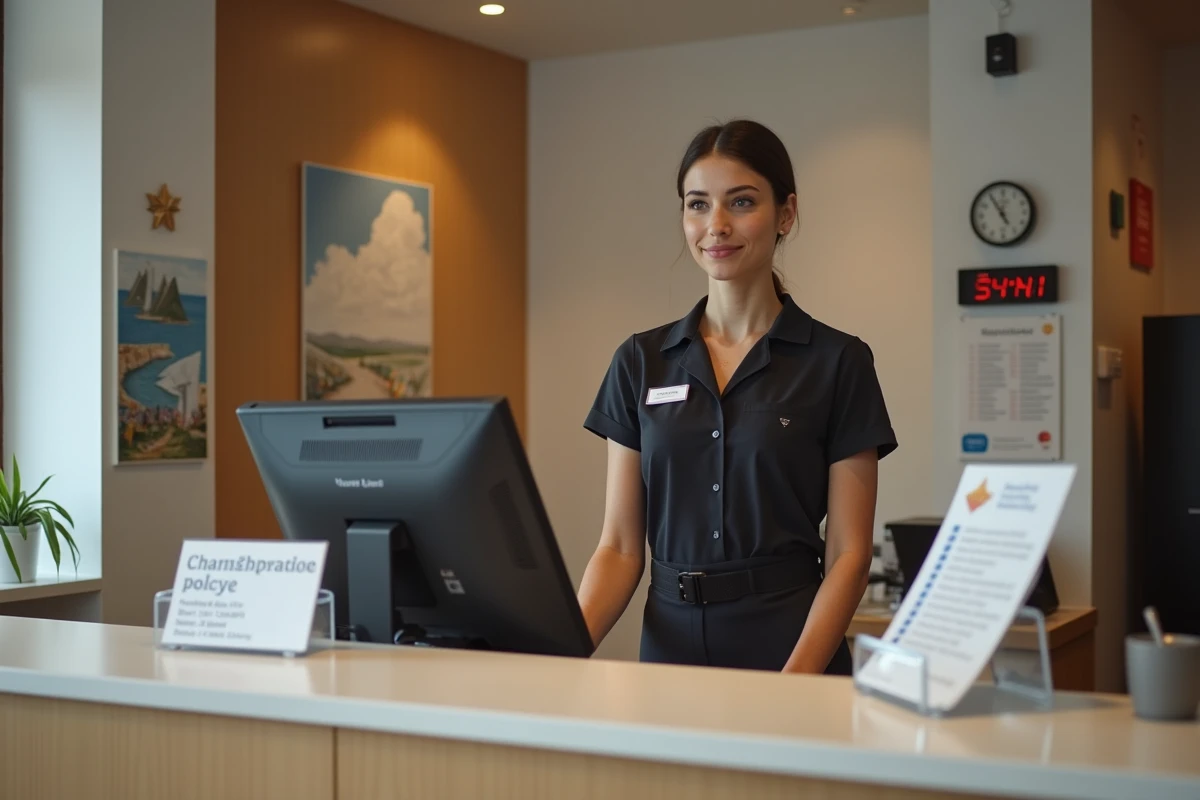 Réception de l'hôtel ibis à Fécamp avec hôtesse en uniforme, affichage des horaires et panneau de politique d'annulation