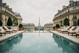 Piscine à débordement sur le rooftop d'un hôtel de luxe à Paris avec vue sur la Tour Eiffel