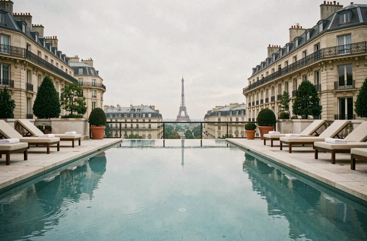 Piscine à débordement sur le rooftop d'un hôtel de luxe à Paris avec vue sur la Tour Eiffel