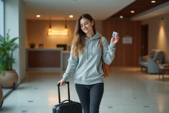 Femme voyageuse arrivant dans un hôtel proche de l'aéroport de Gatwick avec sa valise cabine avant un vol matinal