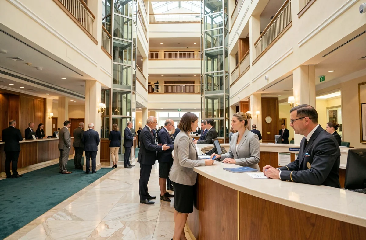 Hall d'accueil intérieur d'un paquebot de croisière avec des passagers à l'enregistrement