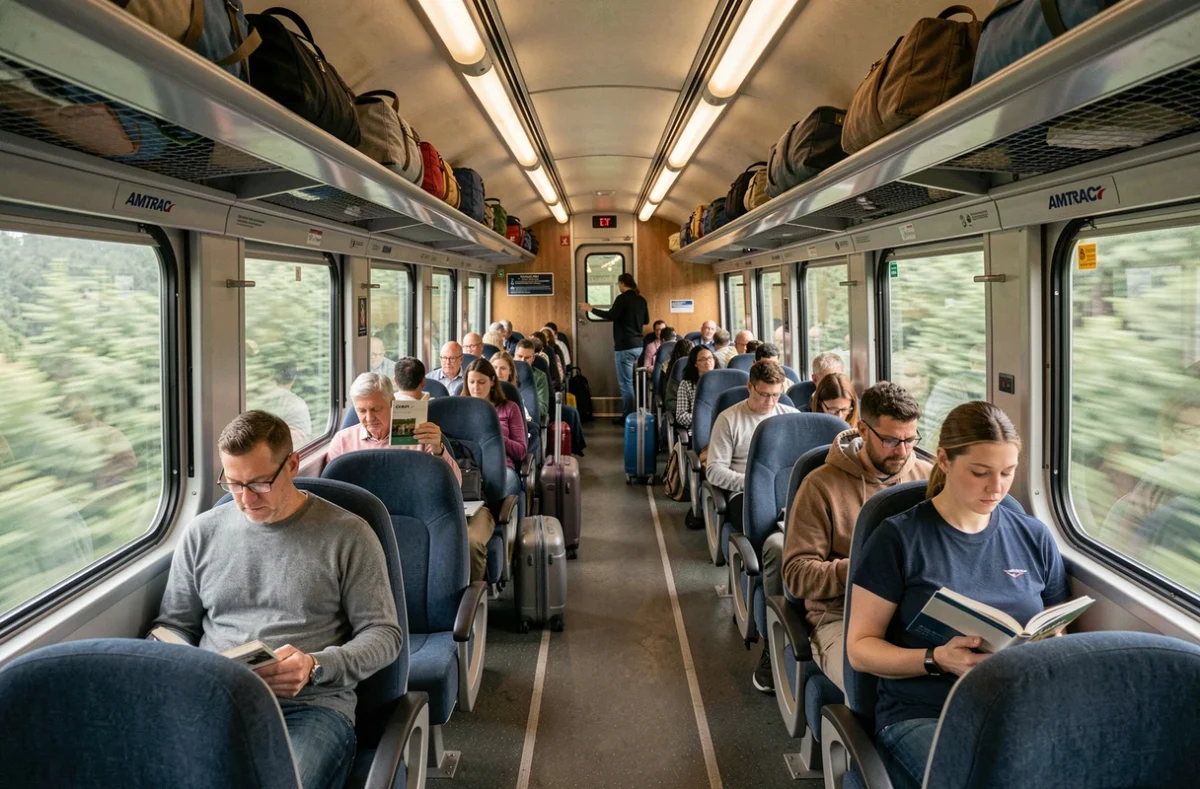Vue intérieure grand angle d'un wagon Amtrak avec passagers assis lors du trajet en train entre Montréal et New York