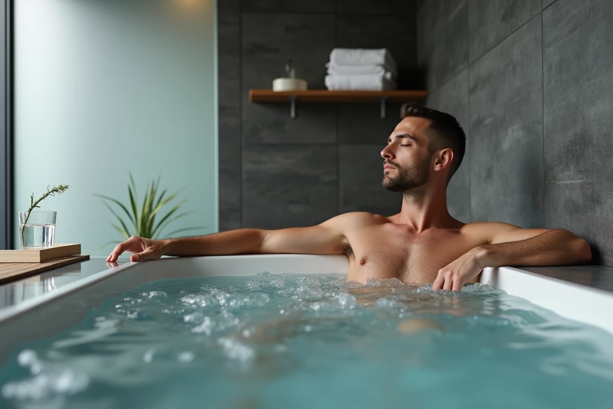 Homme se relaxant dans un jacuzzi intérieur moderne d'un appartement de location aux Menuires avec finitions en ardoise