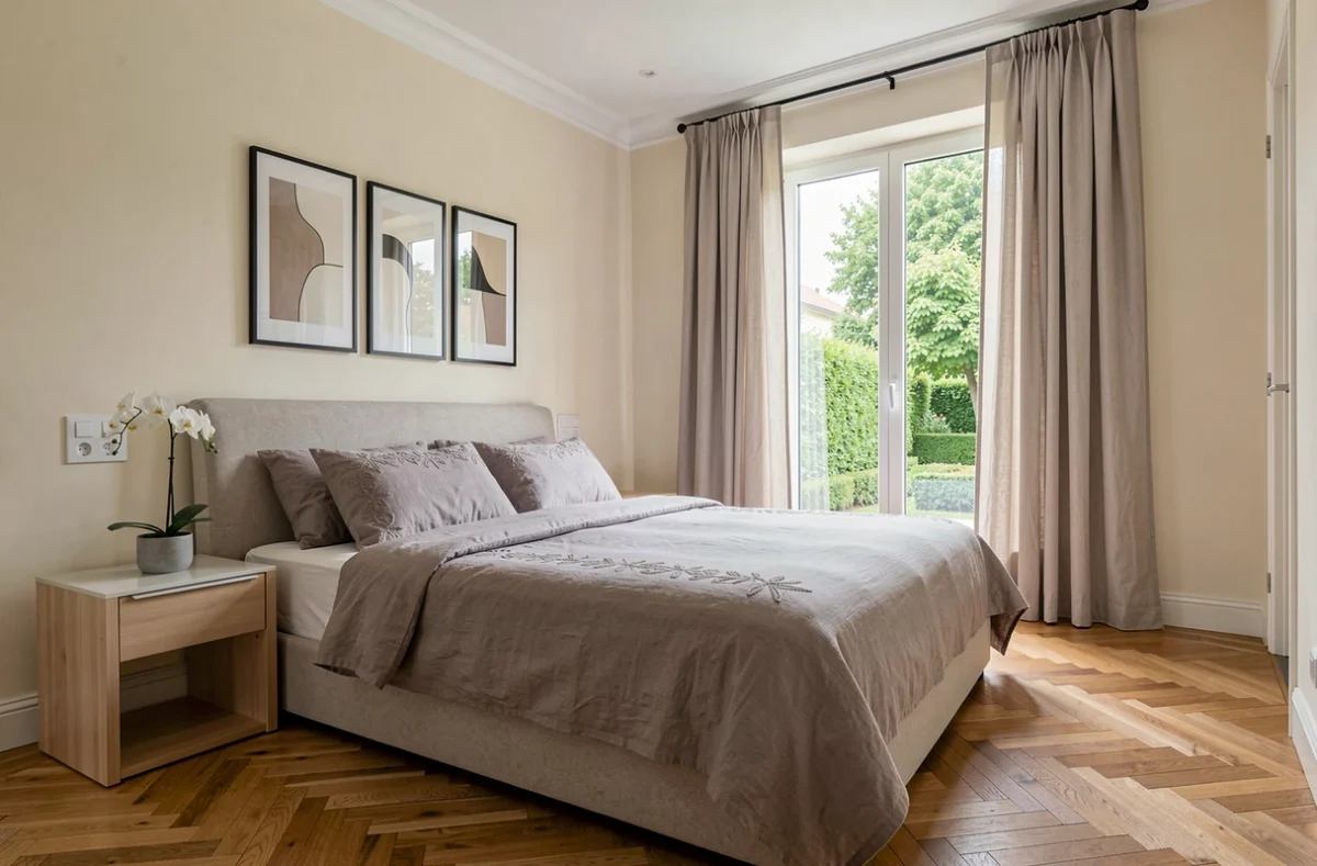 Chambre élégante et épurée avec parquet et linge gris perle dans une chambre d'hôtes à Rosny-sous-Bois