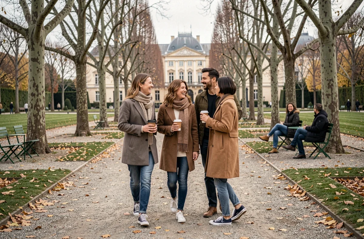 Groupe d'amis se promenant et riant dans les allées du Jardin du Luxembourg à Paris rive gauche le dimanche en automne