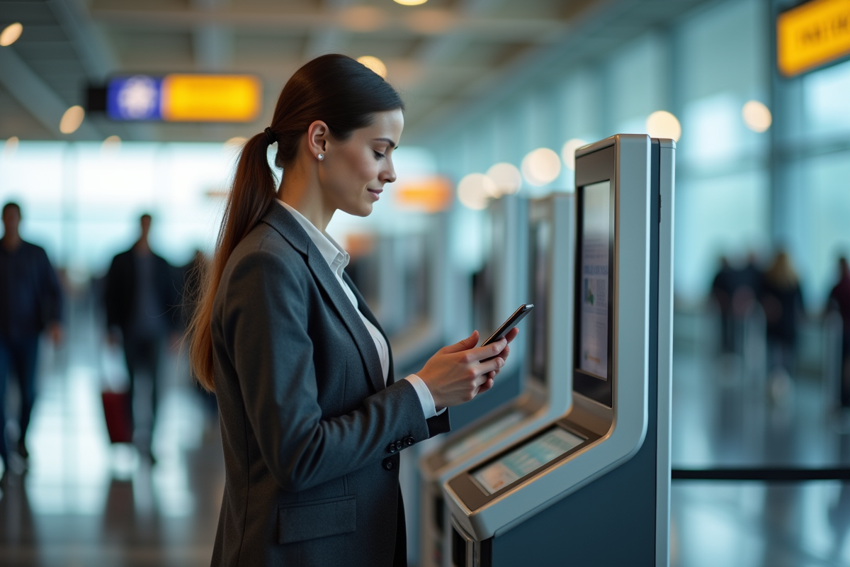 Jeune femme inspectant son smartphone à un kiosque d'enregistrement