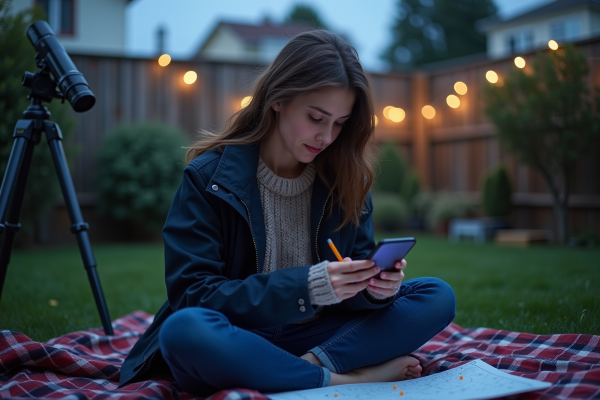 Jeune femme en backyard observant le ciel avec une carte stellaire