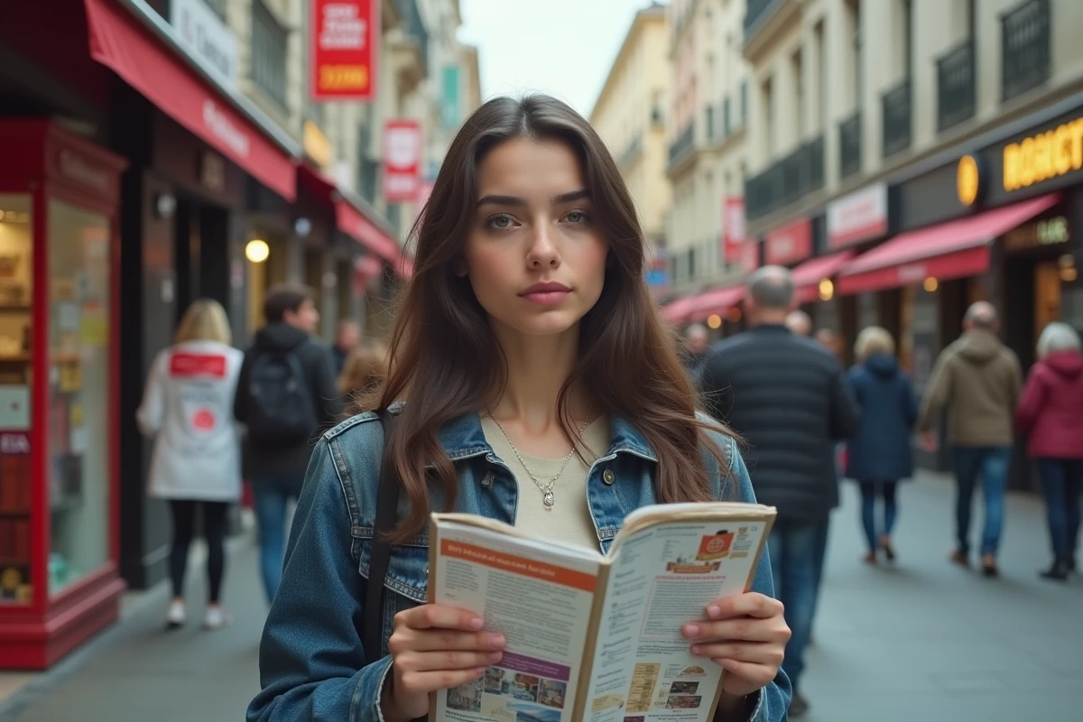 Jeune femme espagnole lisant r&eacute;glementations &agrave; la fronti&egrave;re
