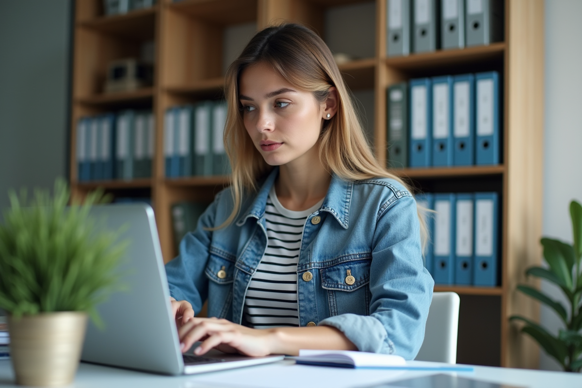 Jeune femme au bureau travaillant sur son ordinateur