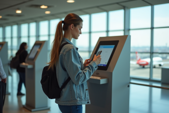 Jeune femme scannant son smartphone au check-in aéroport