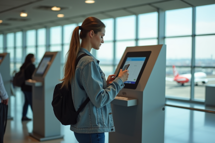 Jeune femme scannant son smartphone au check-in aéroport