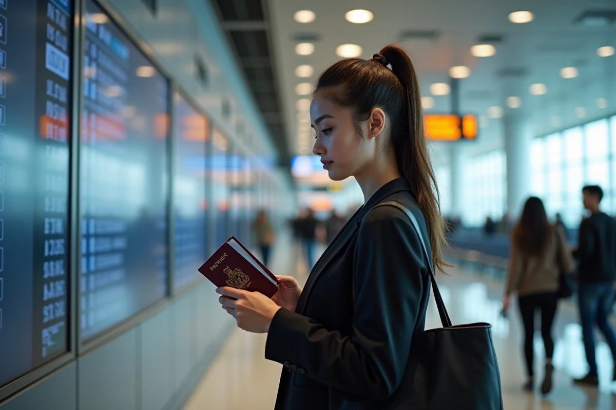 Jeune femme v&eacute;rifiant son passeport &agrave; l