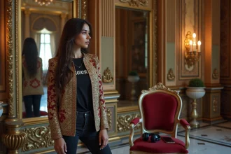 Jeune femme en veste baroque dans un grand salon élégant