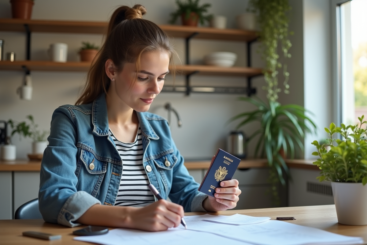Jeune femme organise ses documents de voyage à la maison