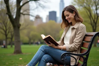 Jeune femme lisant dans un parc à New York