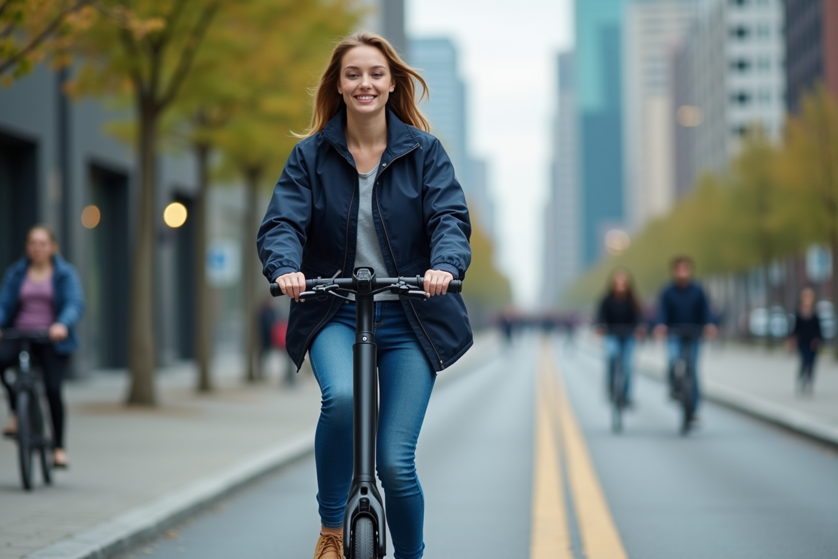 Jeune femme en scooter électrique dans la ville