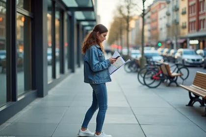 Jeune femme en ville avec smartphone et carte