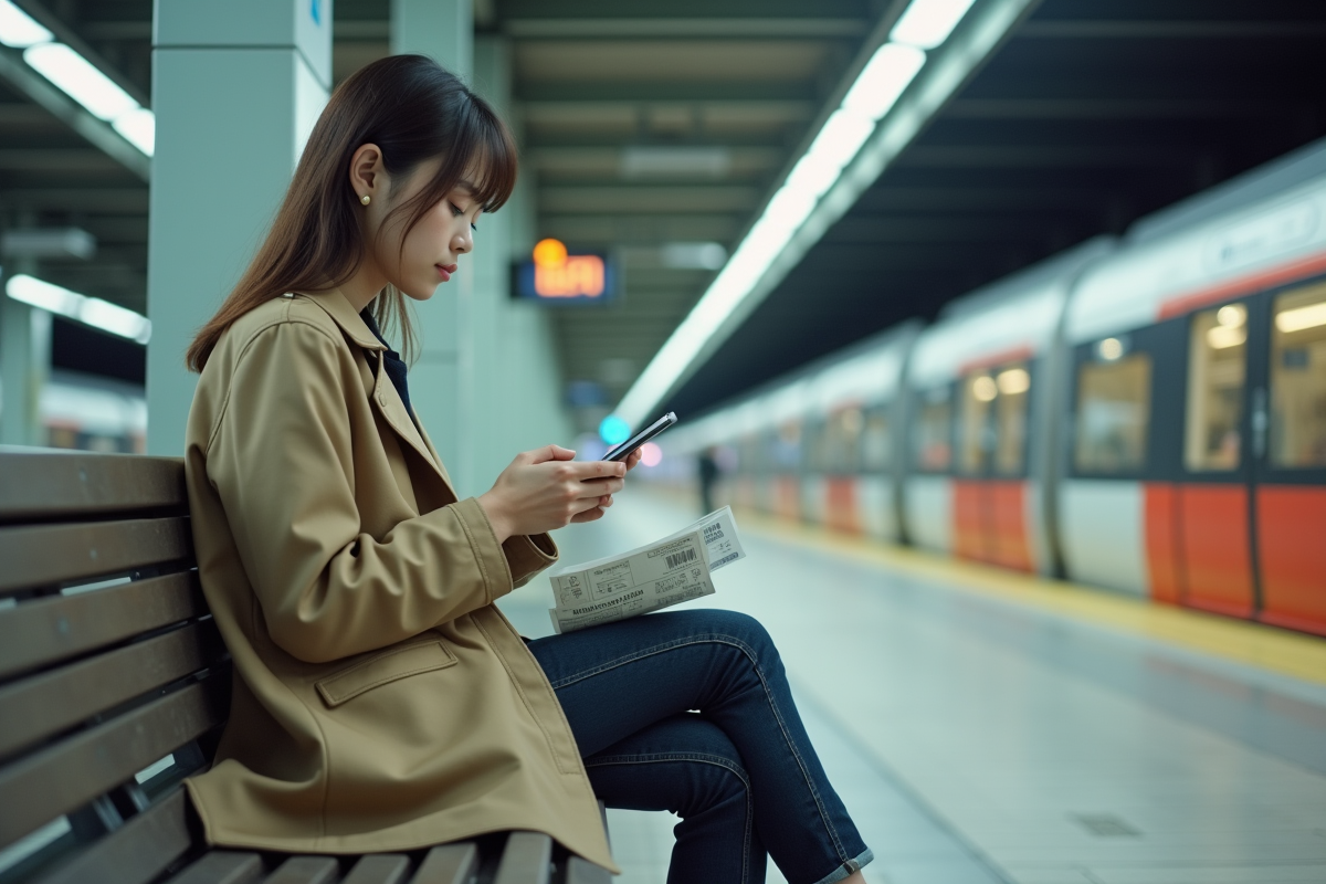 Jeune femme japonaise sur un banc à Tokyo vérifiant son smartphone